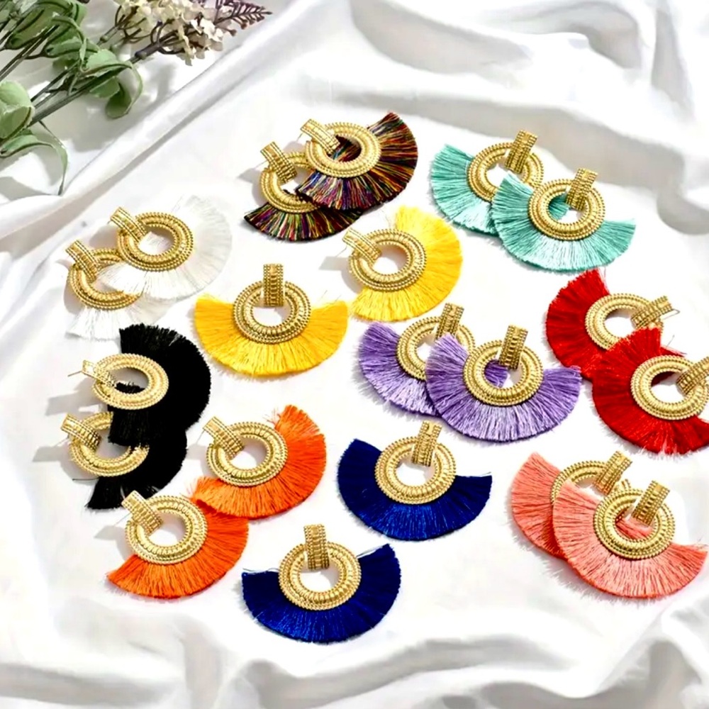 Hollow Circle Fan Earrings | Royal Blue Boho Tassel | Gold-Toned